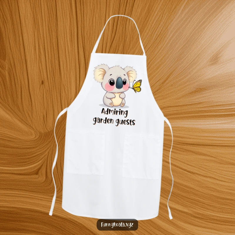 Funny Koala Butterfly Apron with a koala watching a butterfly flutter past its nose, great for kitchen use. Wonderful funny gift.