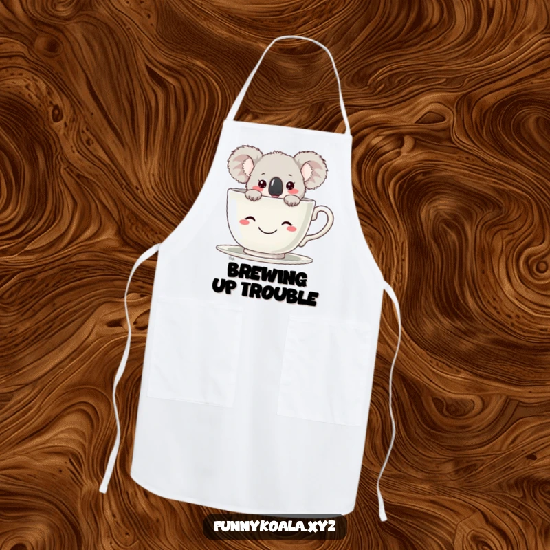 Funny Koala Apron with a koala peeking from a giant teacup, perfect for bakers and cooks who enjoy humor. Wonderful funny gift.