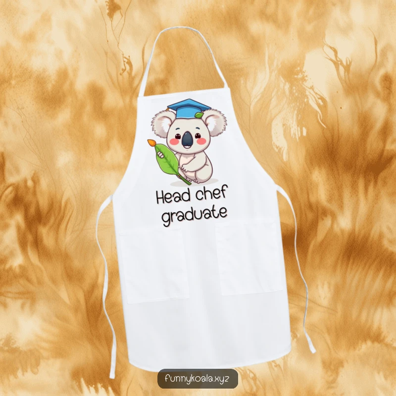 Funny graduation koala chef apron showing a happy koala in a tiny graduation cap waving a eucalyptus leaf, perfect for culinary grads.