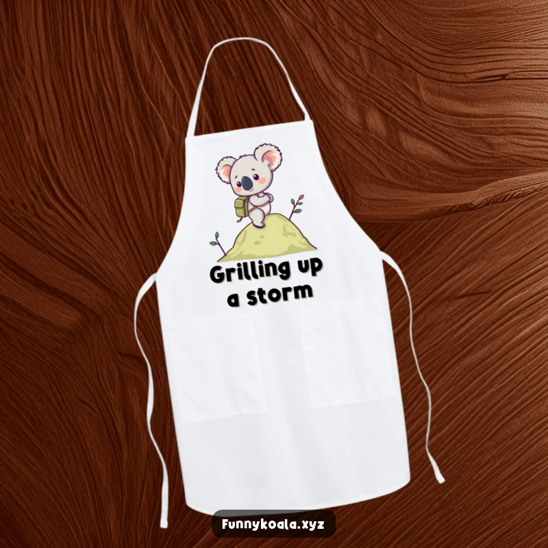 Funny Koala Hiking Apron with a koala in a backpack hiking a hill, great for cooks who love adventure. Wonderful funny gift.