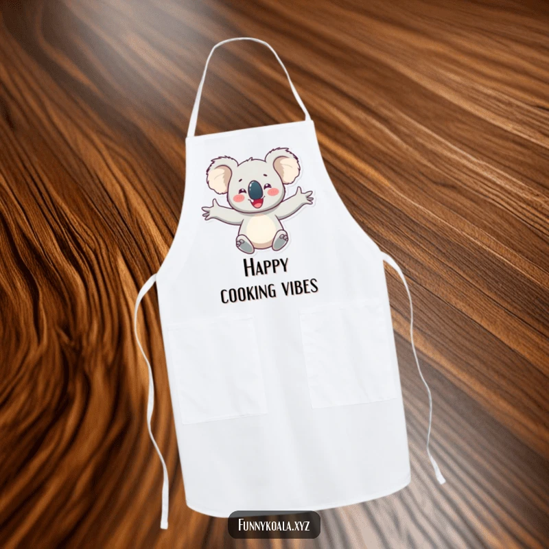 Funny koala apron featuring a happy koala character with arms outstretched in delight, designed for kitchen fun and joyful cooking.
