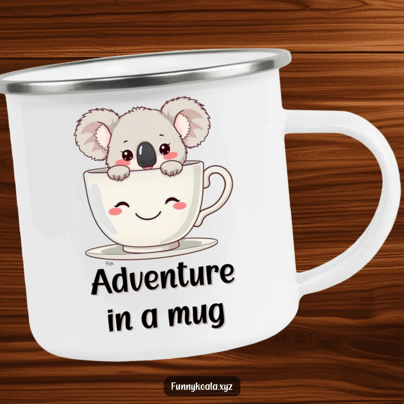 Funny Koala Camping Mug with a koala peeking from a large teacup, perfect for outdoor use and humor. Great funny gift.