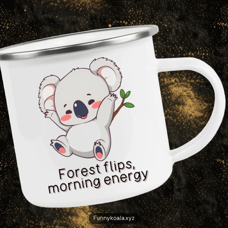 Funny koala camping mug showing a koala mid-somersault, perfect for enjoying beverages during exciting outdoor activities.