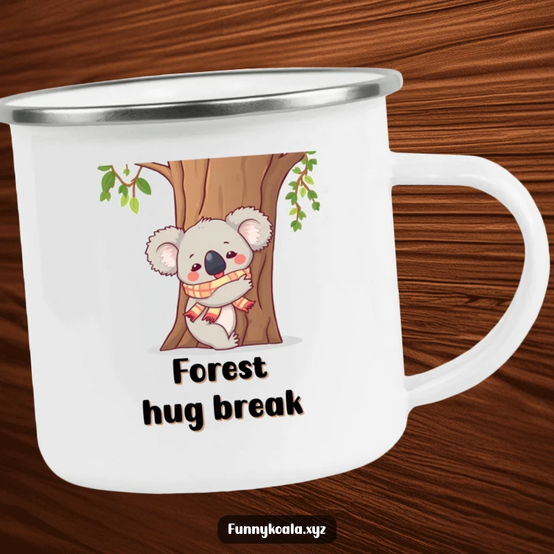 Funny Koala Camping Mug: A koala in a scarf hugs a tree trunk, perfect for hot drinks and humorous outdoor adventures.
