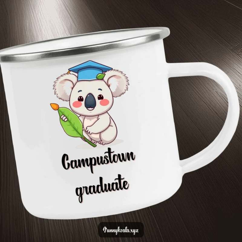 Funny graduation koala camping mug with a tiny cap and waving eucalyptus leaf, perfect for celebrating outdoor achievements.