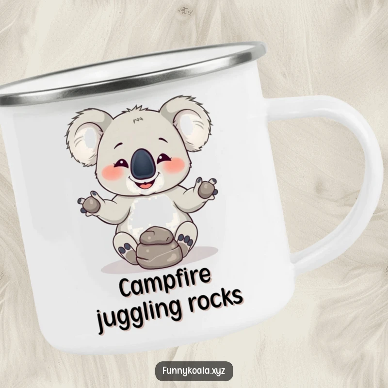 Funny Koala Camping Mug: A mischievous koala juggles rocks in the wild, perfect for outdoor fun and a humorous gift.