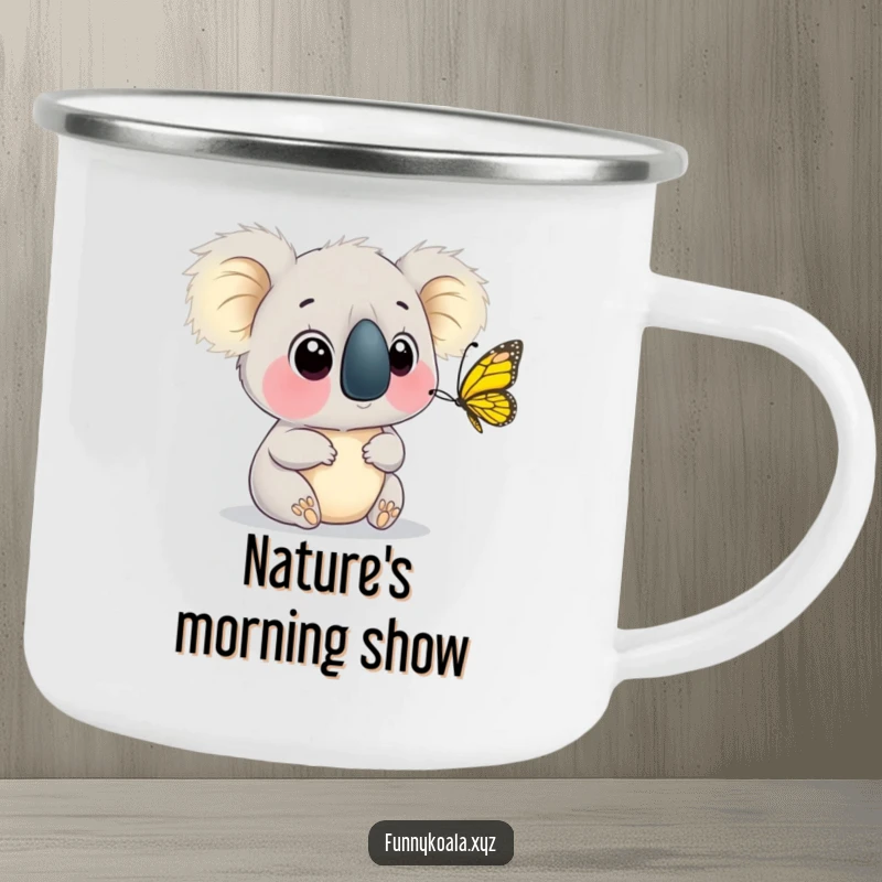 Funny Koala Butterfly Camping Mug with a koala watching a butterfly flutter, perfect for outdoor use. Great funny gift.