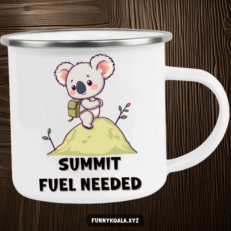 Funny Koala Hiking Camping Mug with a koala in a backpack hiking a hill, perfect for outdoor use. Great funny gift.