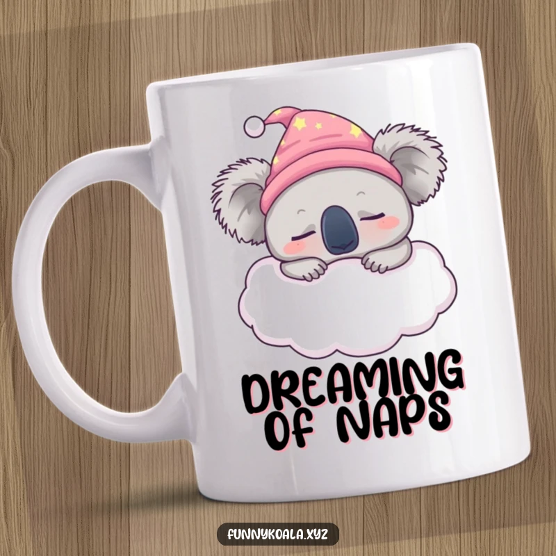 Funny sleepy koala mug featuring a koala in a tiny nightcap snoozing peacefully on a fluffy cloud, embodying comfort.