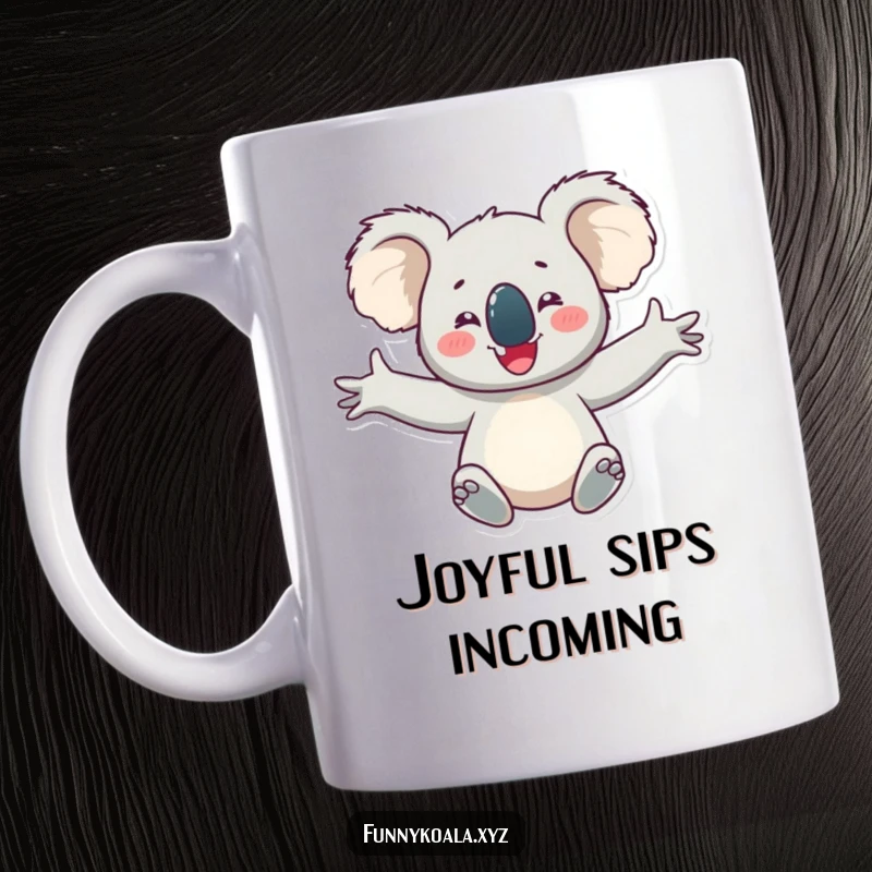 Funny koala mug showing a happy koala character with arms wide open, looking absolutely delighted and full of joy.