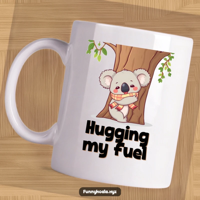 Funny Koala Mug: A koala in a tiny scarf hugs a tree trunk with enthusiasm, capturing a moment of pure, cozy joy.