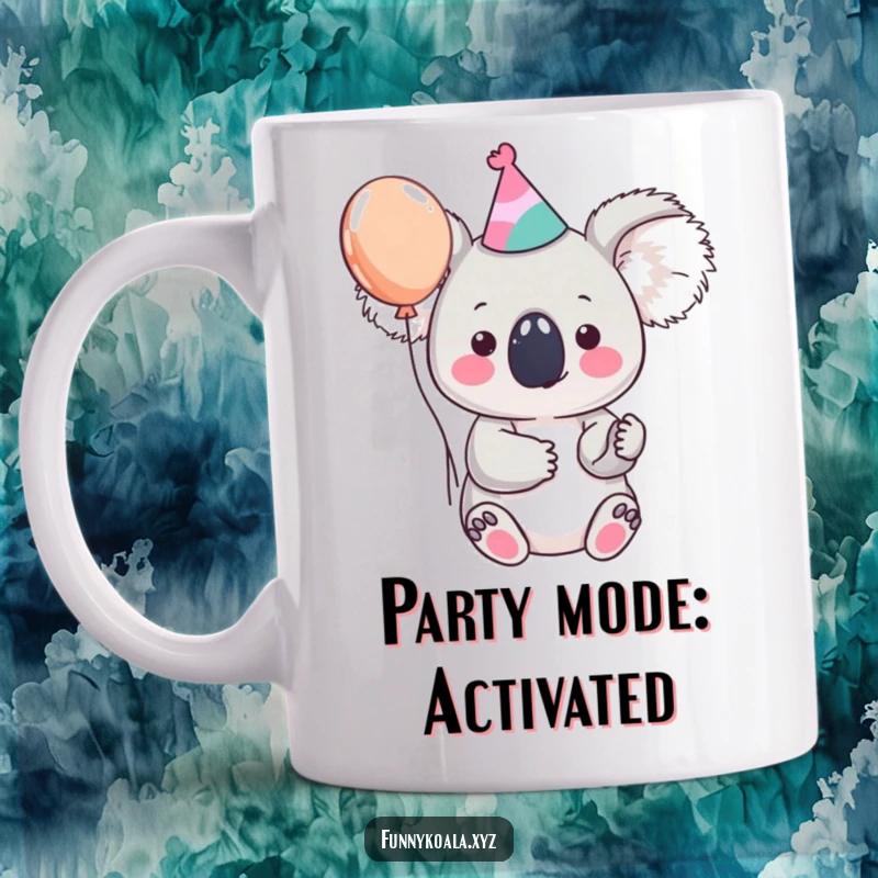 Funny koala mug showing a cute koala character wearing a small party hat and holding a balloon, ready to celebrate with humor.