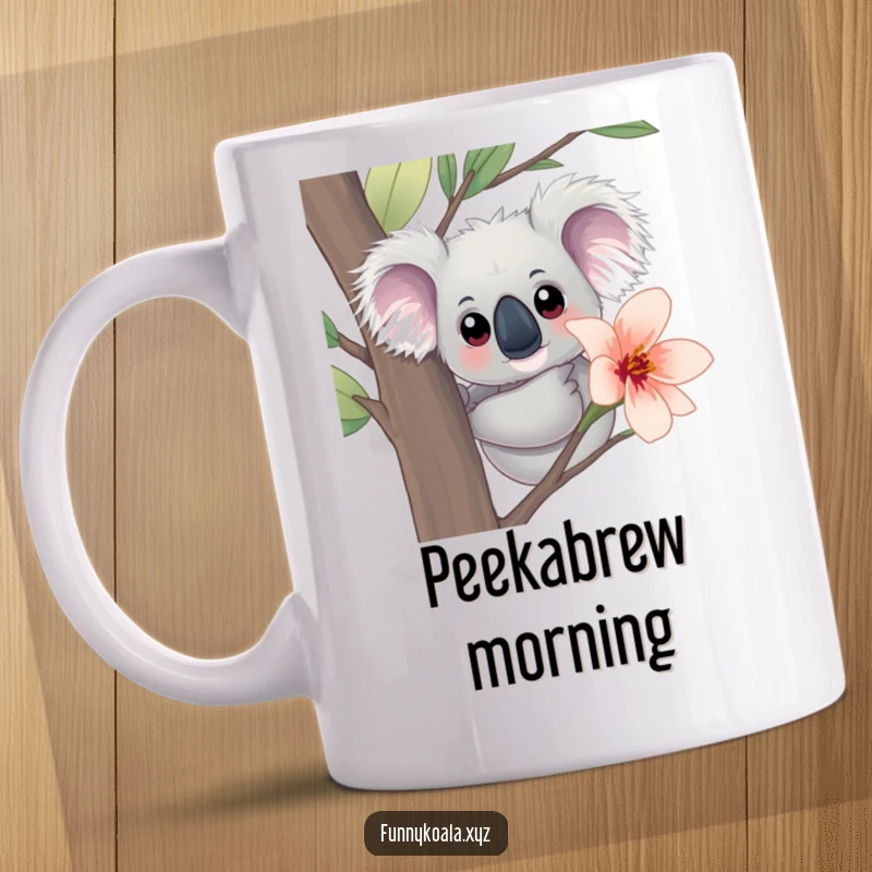 Funny Koala Mug: A curious koala with big eyes peeks from behind a large eucalyptus bloom, a delightful and humorous design.