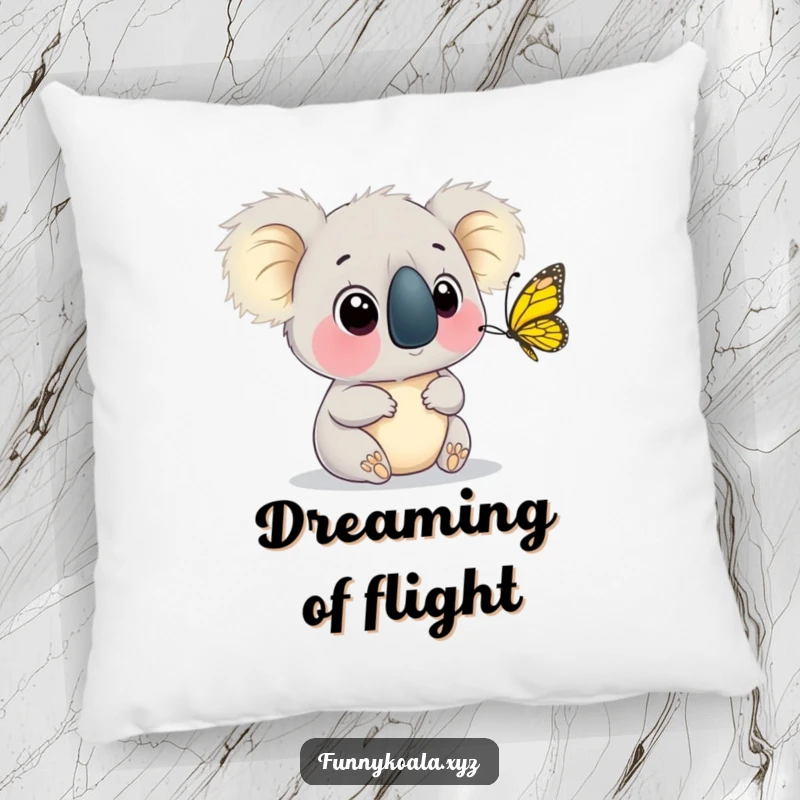 Funny Koala Butterfly Pillow featuring a koala with wide eyes watching a butterfly flutter, offering comfort and serenity. Great funny gift.