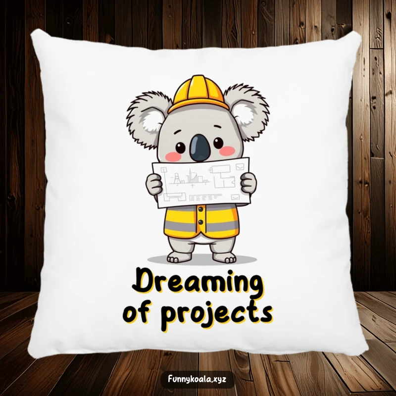 Funny Koala Builder Pillow featuring a koala in a construction vest holding a blueprint, offering comfort and humor. Great funny gift.