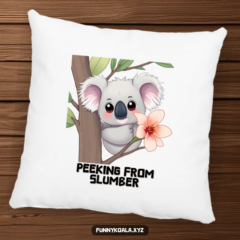Funny Koala Pillow: A curious koala with big eyes peeks from behind a eucalyptus bloom, offering comfort and a touch of humor.