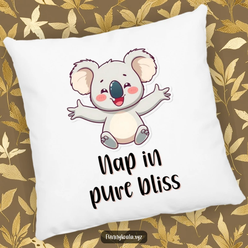 Funny koala pillow featuring a happy koala character with arms outstretched in delight, offering comfort and a cheerfully joyful accent.