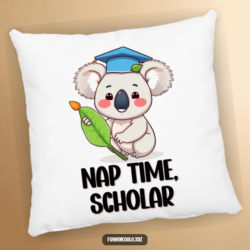 Funny graduation koala pillow featuring a happy koala in a tiny cap waving a eucalyptus leaf, adding cozy celebration.
