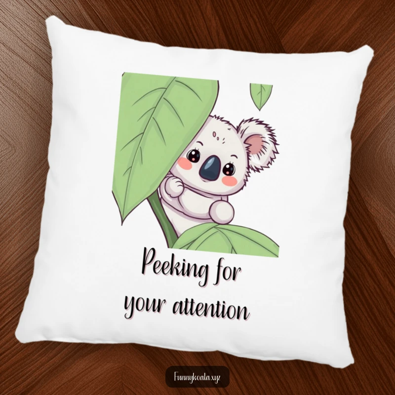Funny koala pillow with a cute, curious koala character peeking from behind a leaf, offering comfort and a touch of playful decor.