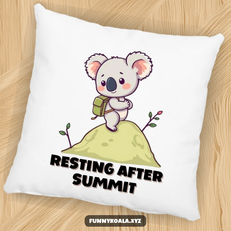 Funny Koala Hiking Pillow featuring a koala with a backpack hiking a hill, offering comfort and a sense of adventure. Great funny gift.