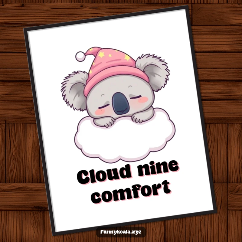 Funny sleepy koala digital art print showing a koala in a nightcap snoozing on a fluffy cloud, ready to print.