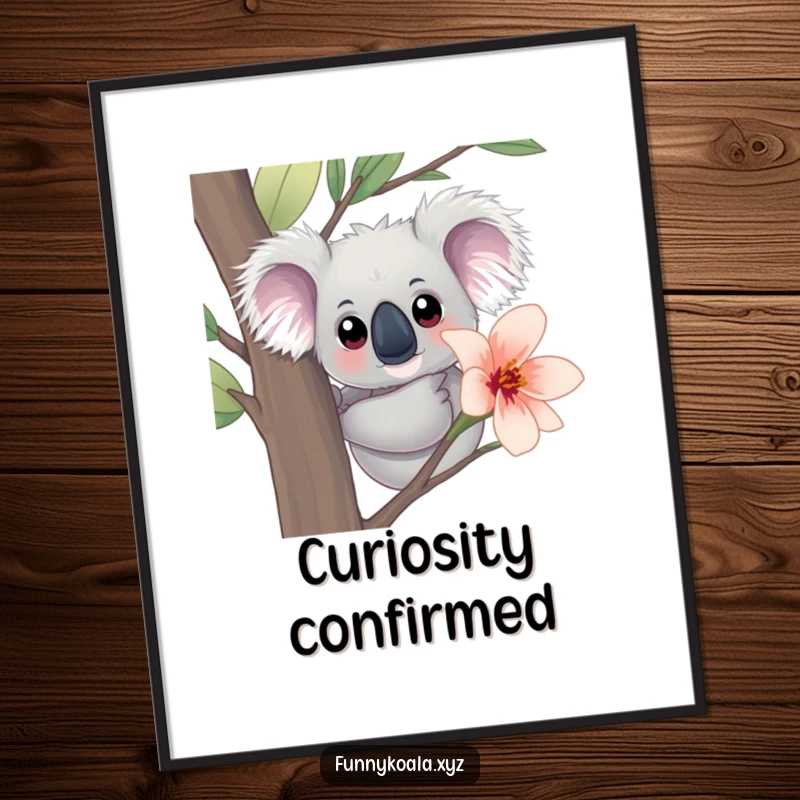 Funny Koala Digital Art Print: A curious koala with big eyes peeks from behind a eucalyptus bloom, a charming and humorous digital artwork.
