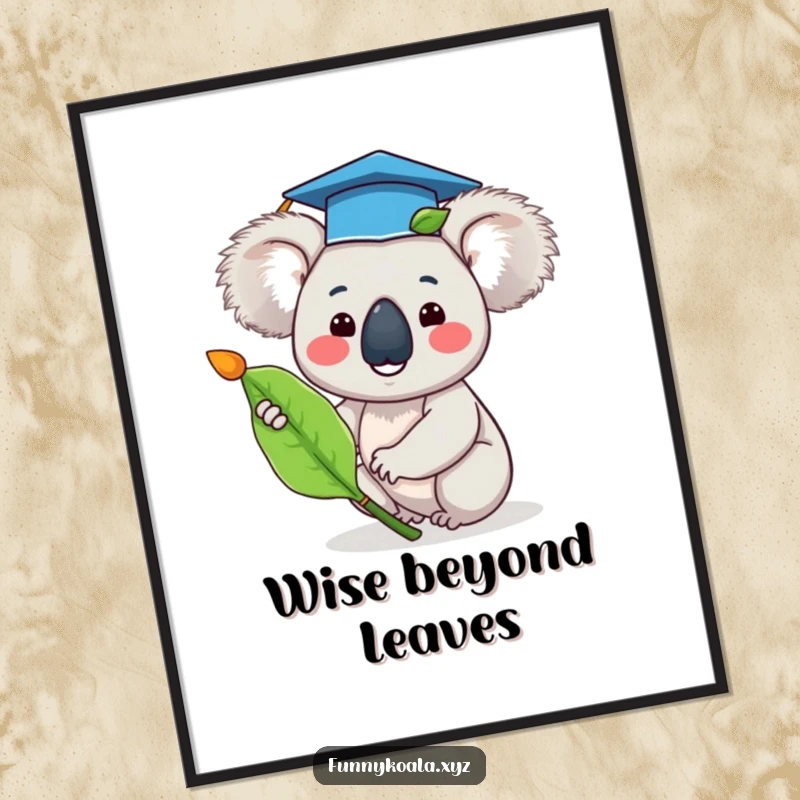 Funny graduation koala digital art print showing a happy koala in a tiny cap waving a eucalyptus leaf, ready to print.