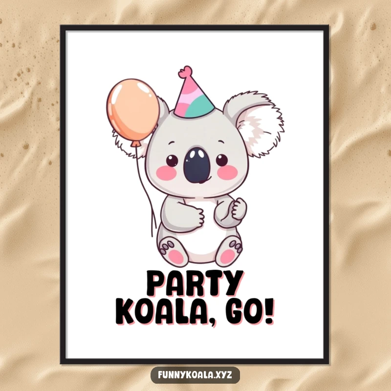 Funny koala digital art print showing a cute koala in a party hat holding a balloon, ideal for festive and humorous home decor.