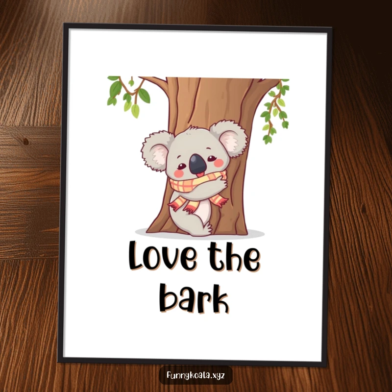 Funny Koala Digital Art Print: A koala in a scarf hugs a tree trunk, a charming and heartwarming artwork for instant download.