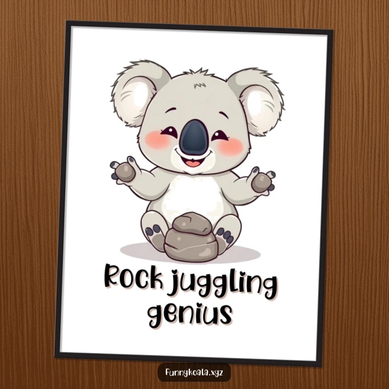 Funny Koala Digital Art Print: A mischievous koala attempts to juggle three rocks, a humorous and vibrant artwork for instant download.