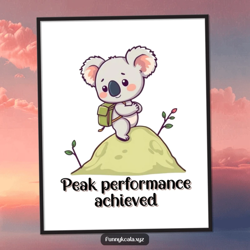 Funny Koala Hiking Digital Art Print showing a koala with a tiny backpack climbing a hill, offering instant adventure and humor. Great funny gift.