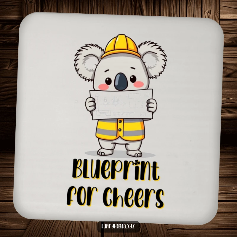 Funny Koala Builder Coaster featuring a koala in a construction vest holding a blueprint, protecting surfaces with humor. Perfect funny gift.