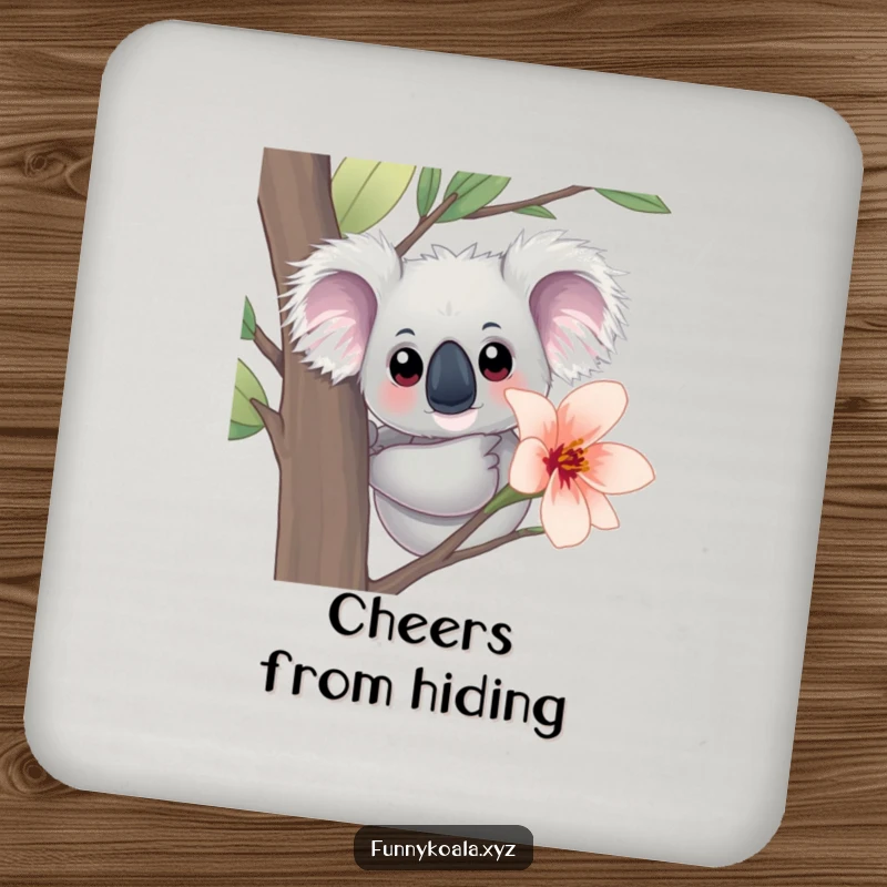 Funny Koala Drink Coaster: A curious koala with big eyes peeks from behind a eucalyptus bloom, offering surface protection with humor.