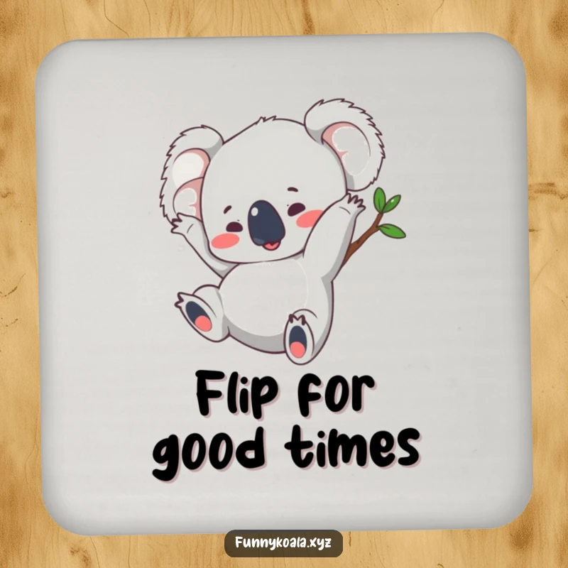 Funny koala drink coaster depicting a koala performing a lively somersault, adding a humorous and protective touch to surfaces.