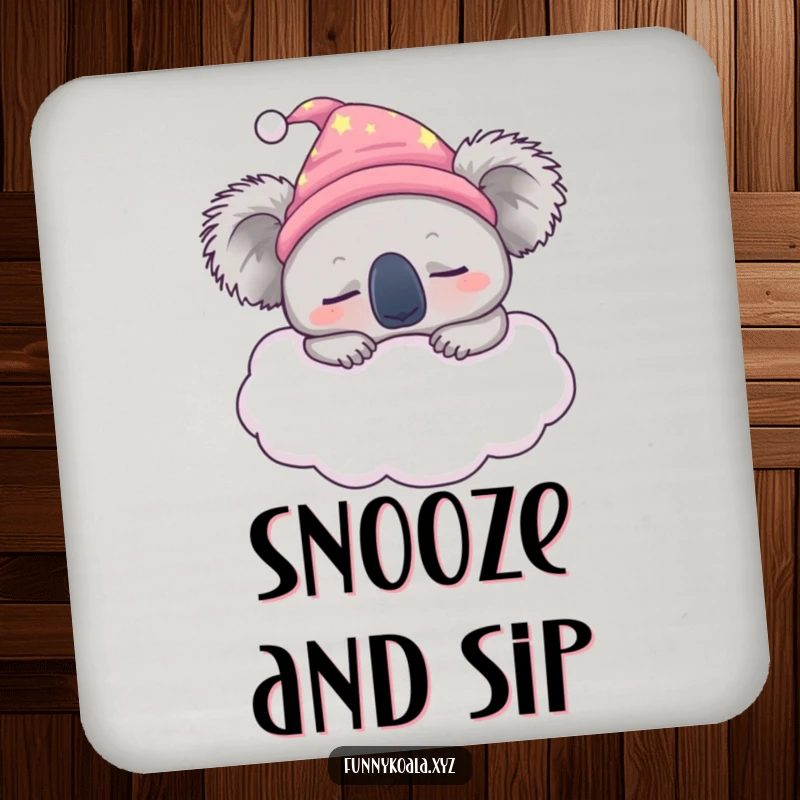 Funny sleepy koala coasters depicting a koala in a nightcap snoozing on a fluffy cloud, adding humorous comfort.