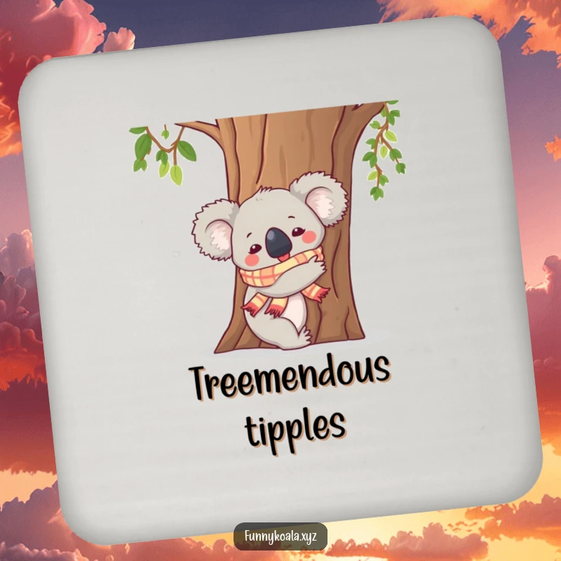 Funny Koala Drink Coaster: A koala in a scarf hugs a tree trunk, offering surface protection with a dose of humor.