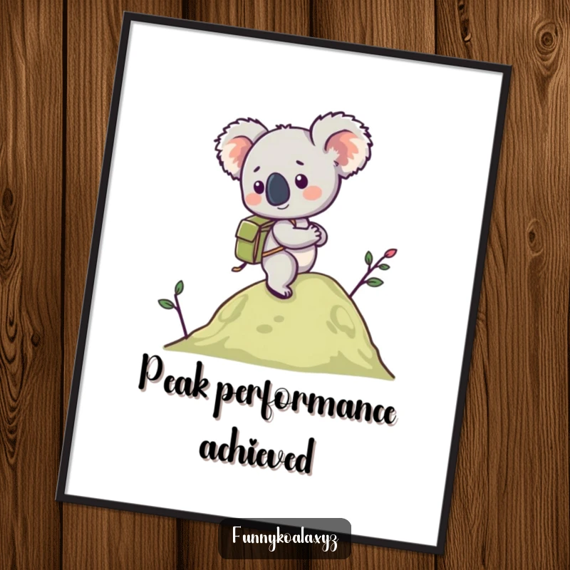 Funny Koala Hiking Poster showing a koala with a tiny backpack climbing a hill, inspiring adventure and humor. Perfect funny gift.