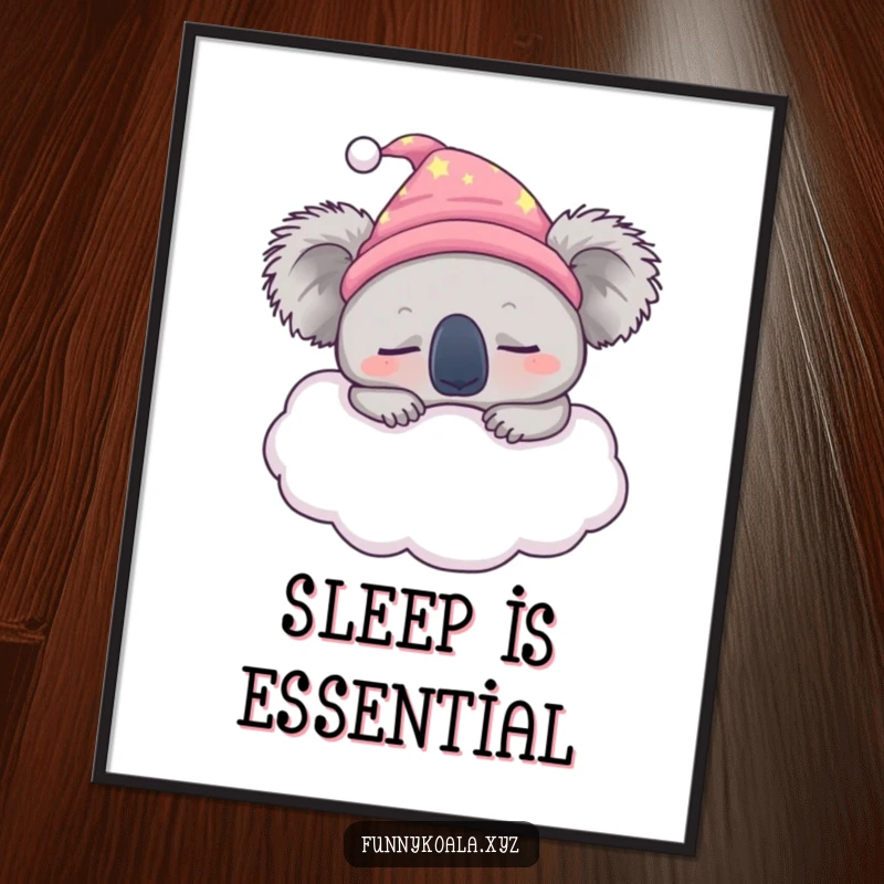Funny sleepy koala poster print of a koala in a nightcap snoozing on a fluffy cloud, bringing calming humor.