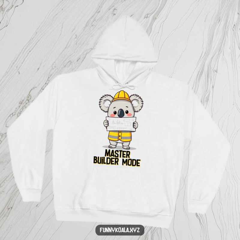 Funny Koala Builder Hoodie showing a koala in a construction vest holding a blueprint, ensuring warmth and humor. Wonderful funny gift.