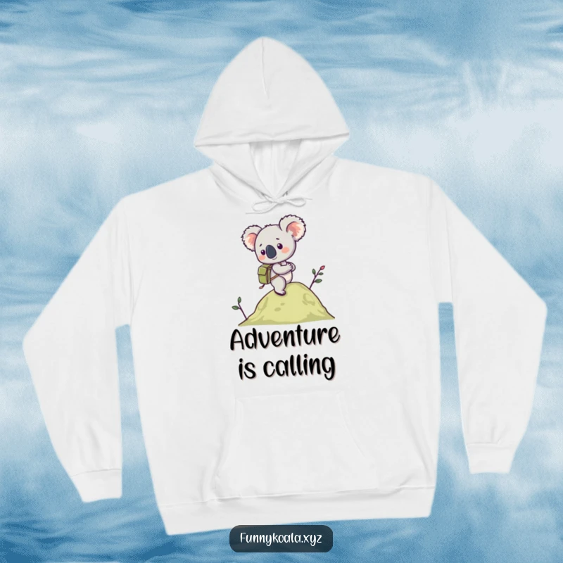 Funny Koala Hiking Hoodie showing a koala with a tiny backpack climbing a hill, providing warmth and humor. Wonderful funny gift.