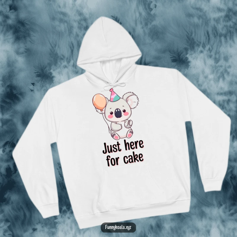 Funny koala hoodie featuring a cute koala character wearing a party hat and holding a balloon, perfect for cozy and festive occasions.