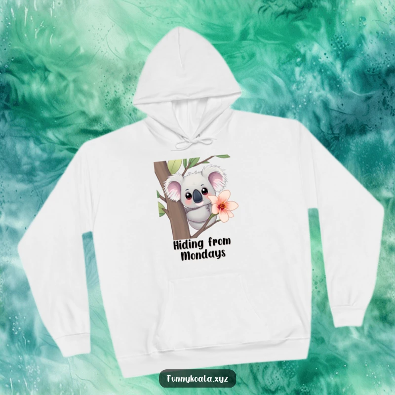 Funny Koala Hoodie: A curious koala with big eyes peeks from behind a eucalyptus bloom, offering cozy comfort and subtle humor.