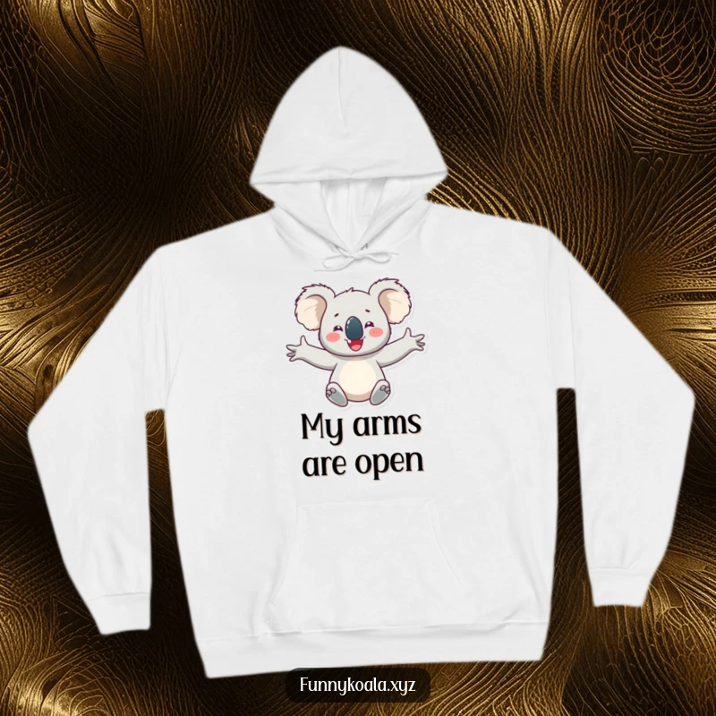 Funny koala hoodie featuring a happy koala character with arms outstretched in delight, perfect for warm, comfortable, and joyful wear.