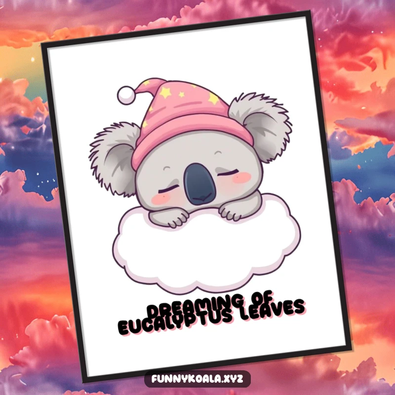 Funny Free Printable Wall Art: Sleepy koala in nightcap snoozes on fluffy cloud, bringing peaceful humor to decor.