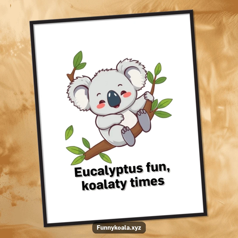 Funny Free Printable Wall Art of a koala joyfully sliding down a eucalyptus branch with a happy expression.