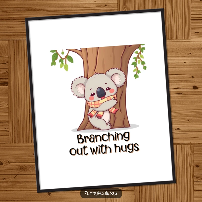 Free Printable Wall Art: A koala wearing a small scarf enthusiastically hugs a large tree trunk.