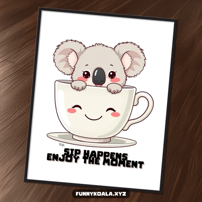 Funny Free Printable Wall Art featuring a cute koala peeking from behind a big, cheerful teacup, adding a dose of silliness.
