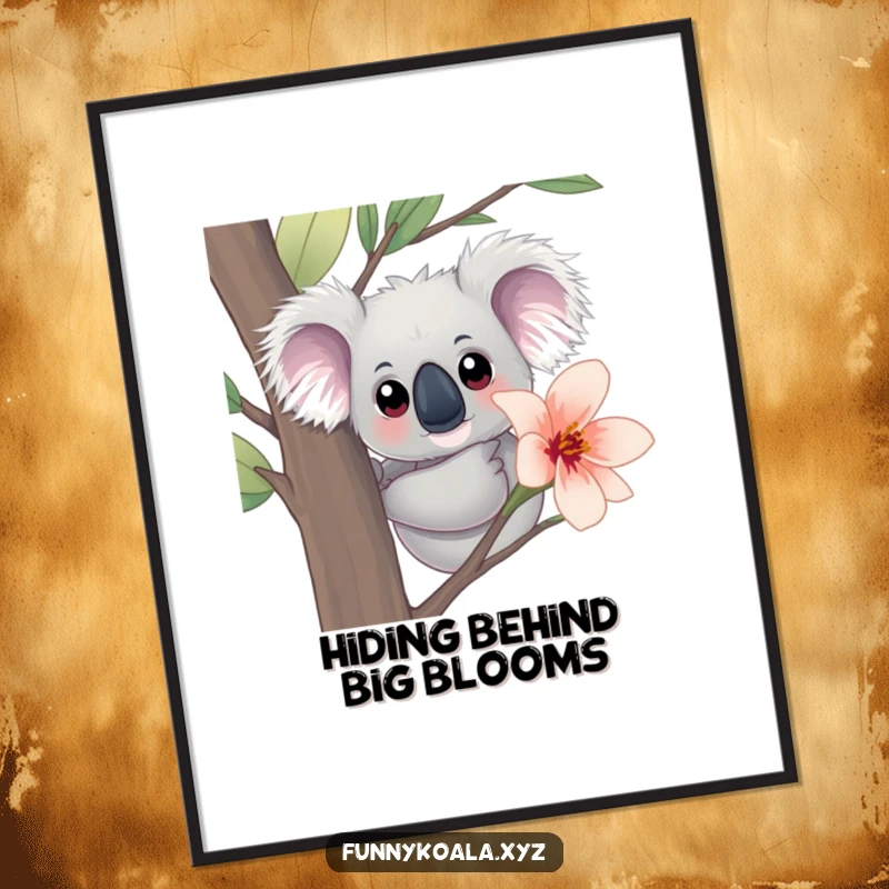 Free Printable Wall Art: A curious koala with big, innocent eyes peers from behind a large eucalyptus bloom.