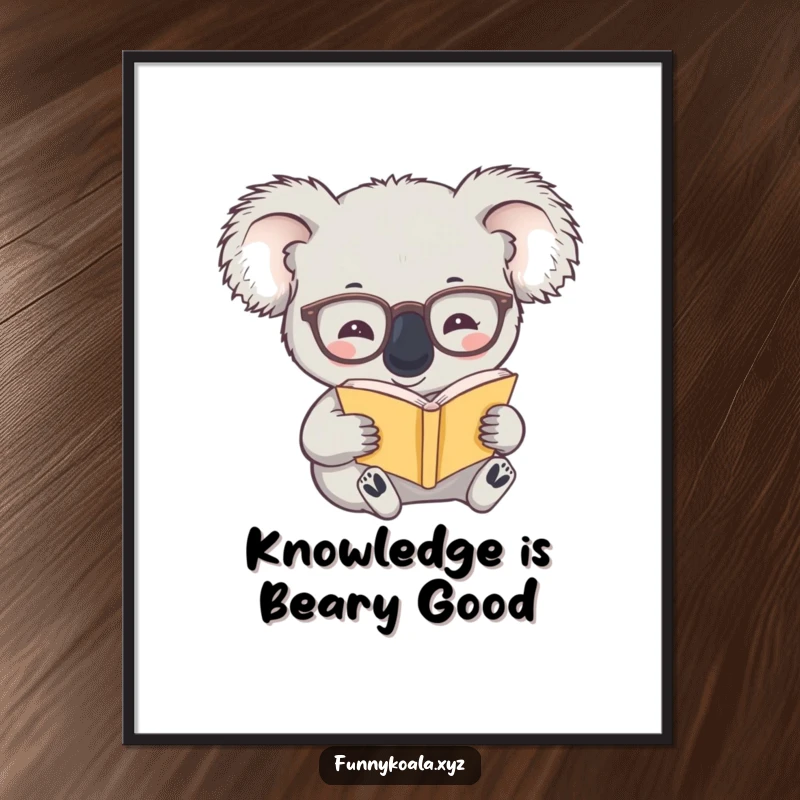 Funny free printable wall art depicting a koala character wearing spectacles, intently reading a tiny book, radiating wisdom.