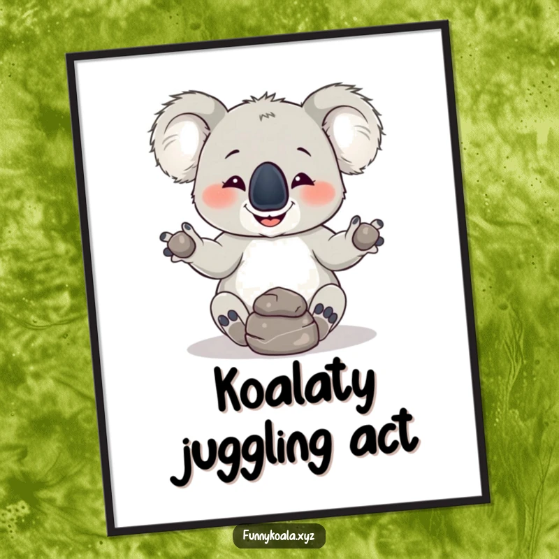 Funny Free Printable Wall Art: A playful koala with a mischievous grin attempts to juggle three small rocks.